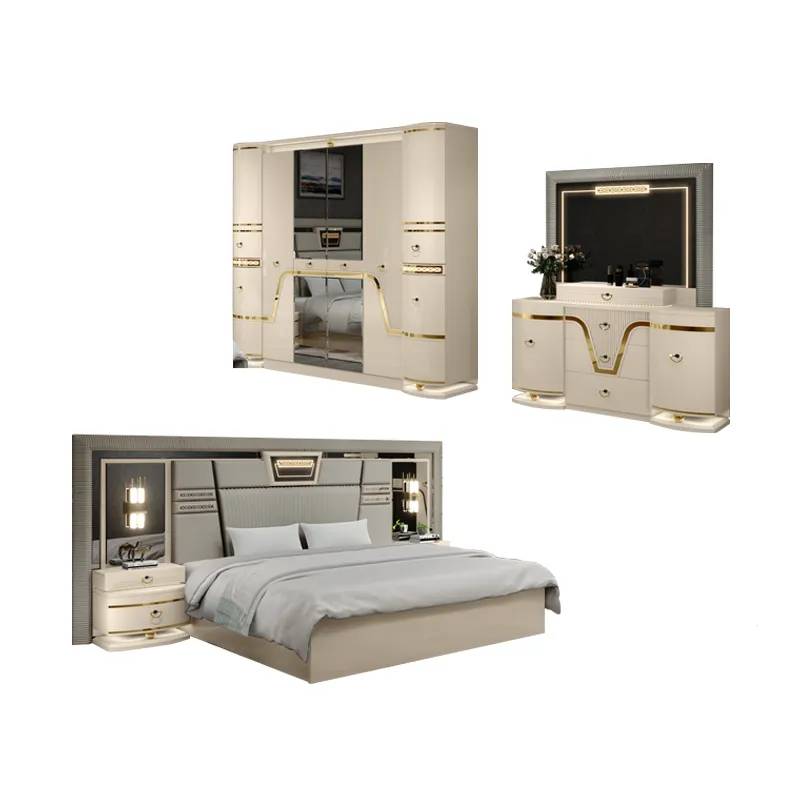 Conjunto completo de muebles de dormitorio de lujo con cama king de cuero doble, armario y tocador de diseño moderno al por mayor