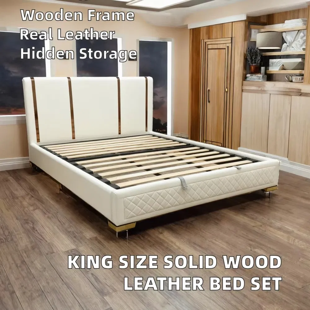 Muebles de dormitorio de madera maciza de lujo moderno, cama de cuero genuino con características de almacenamiento