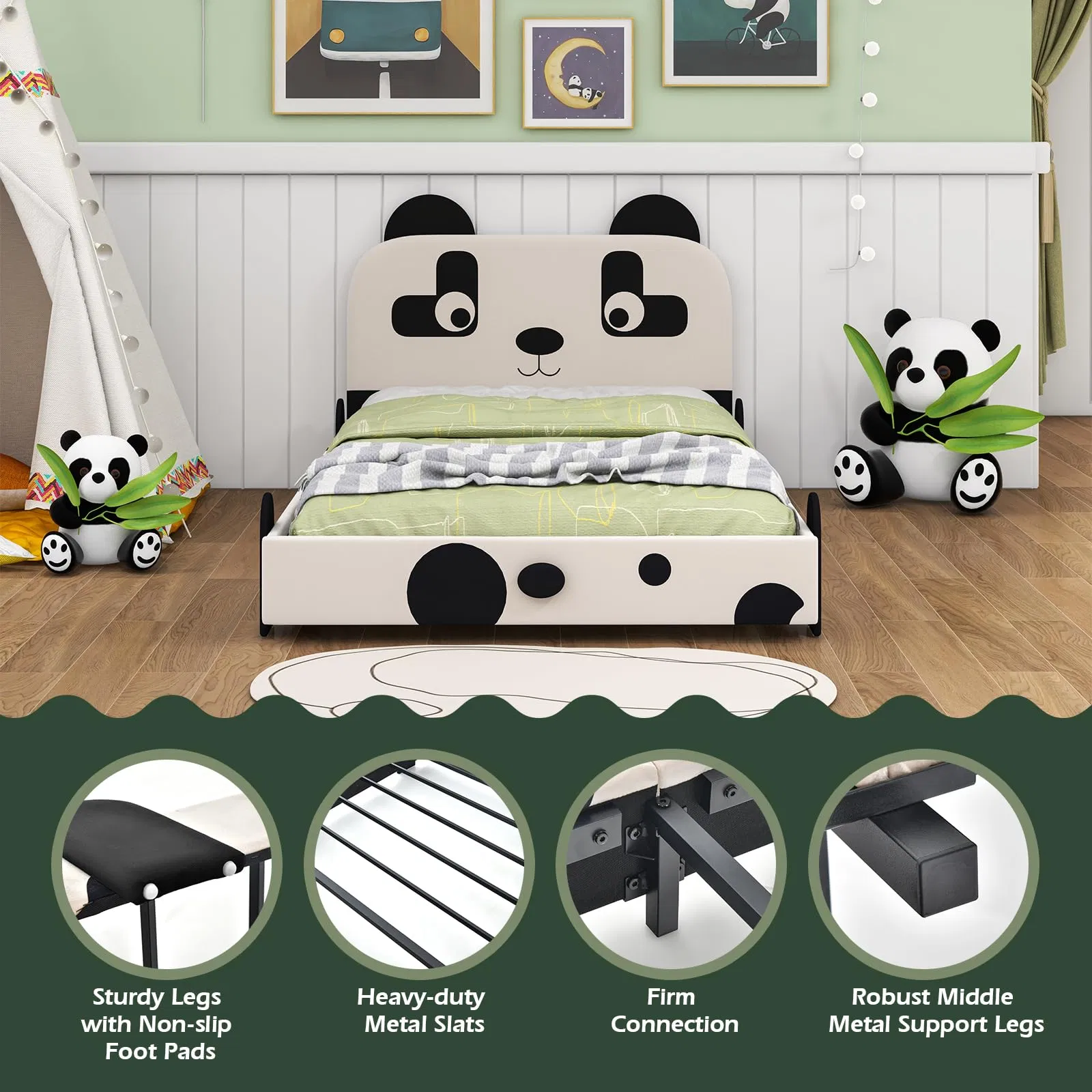Cabecero acolchado para camas individuales para niños, estructura de cama individual de metal tapizada con soporte de listones