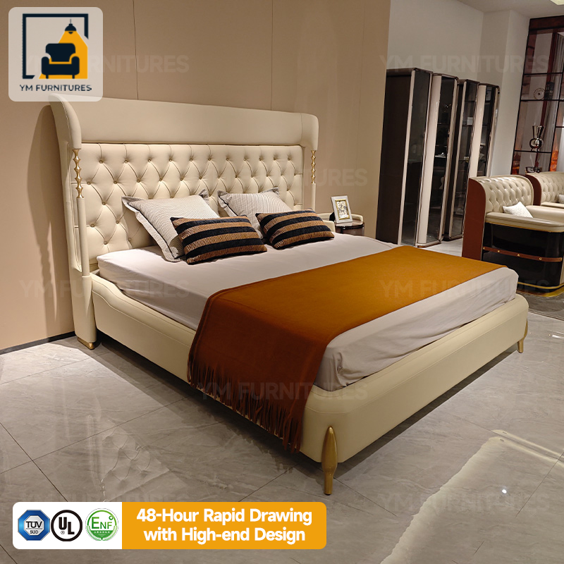 Cabecera de cama de cuero suave tapizada de lujo personalizada para villa, cama queen king
