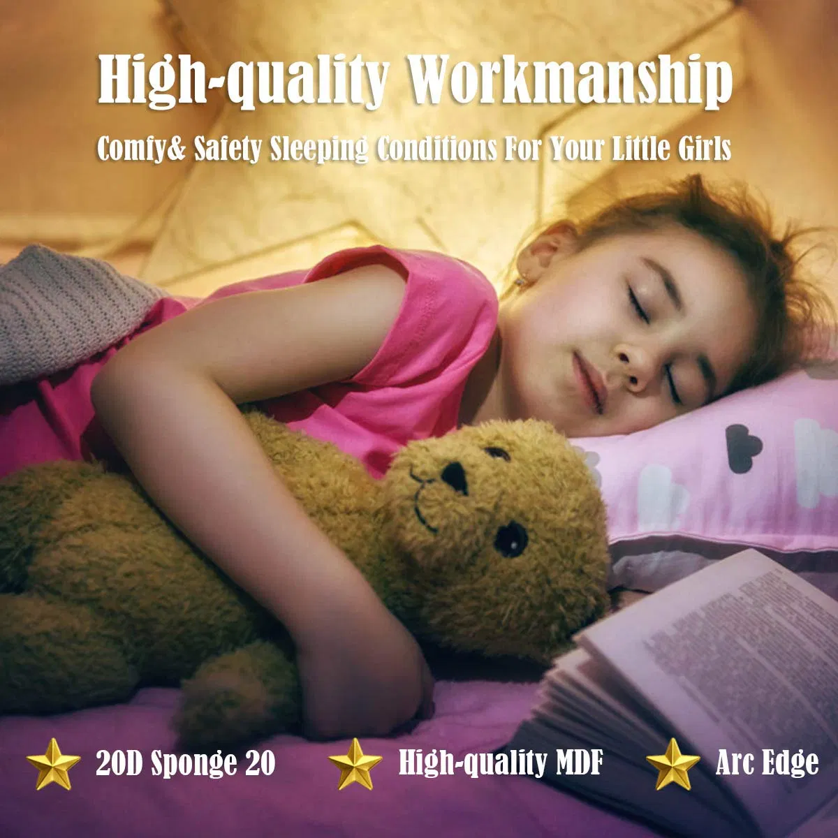 Camas gemelas de princesa para niños, cama de plataforma de metal tapizada con soporte de listones