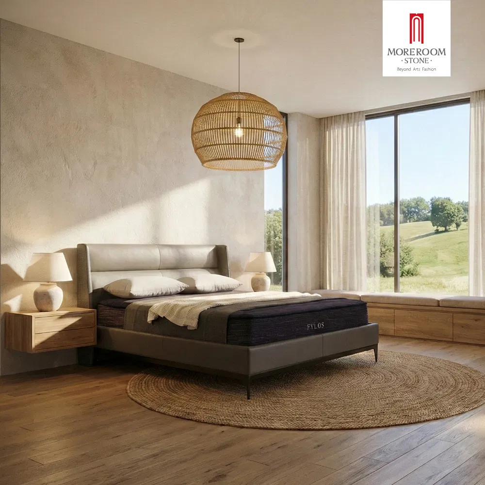 Conjunto de dormitorio de pino macizo de alta resistencia para cabaña de alquiler con marco de cama estilo tronco y par de mesitas rústicas