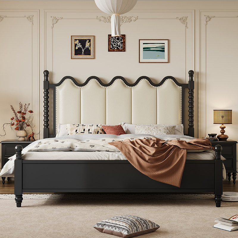 Suministro de fábrica de muebles de hotel personalizados, cama de hotel reina, cama doble curva de lujo, estilo moderno, cama de hotel de cuero pintada