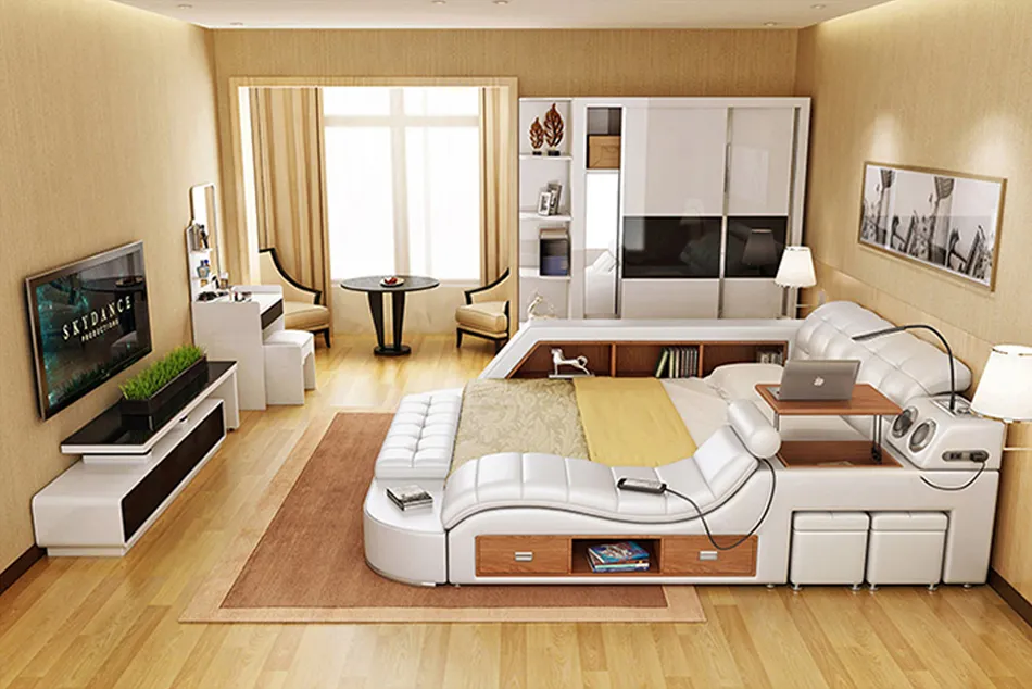 Muebles de dormitorio de lujo multifuncionales al por mayor de China, cama moderna inteligente tamaño king con almacenamiento, cama queen de cuero con masaje