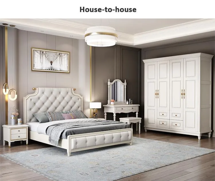 Casa de lujo moderna, dormitorio de hotel, cama doble de tamaño king, tapizada en tela, cuero genuino, con almacenamiento de madera