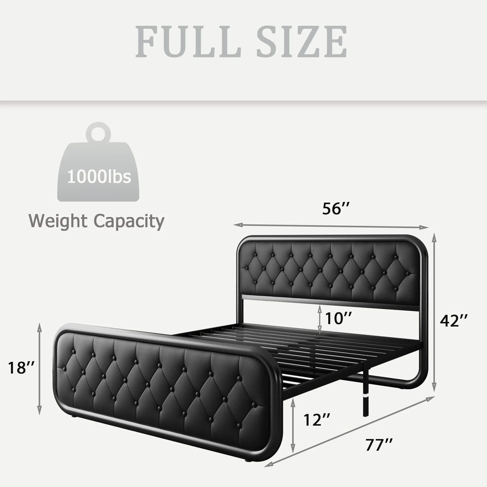 Estructura de cama de metal tamaño king con cabecera de cuero, estructura de cama de plataforma de alta resistencia