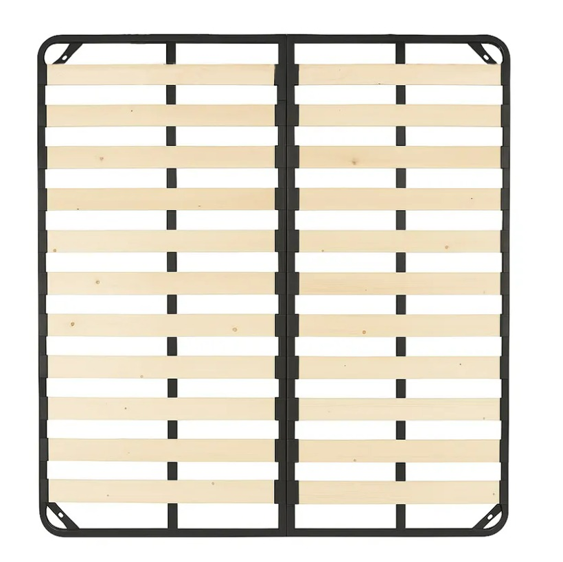 Estructura de cama tapizada comercial de alta resistencia con soporte de listones de madera cálida, estructura de cama con listones en posición dual y marco de metal negro