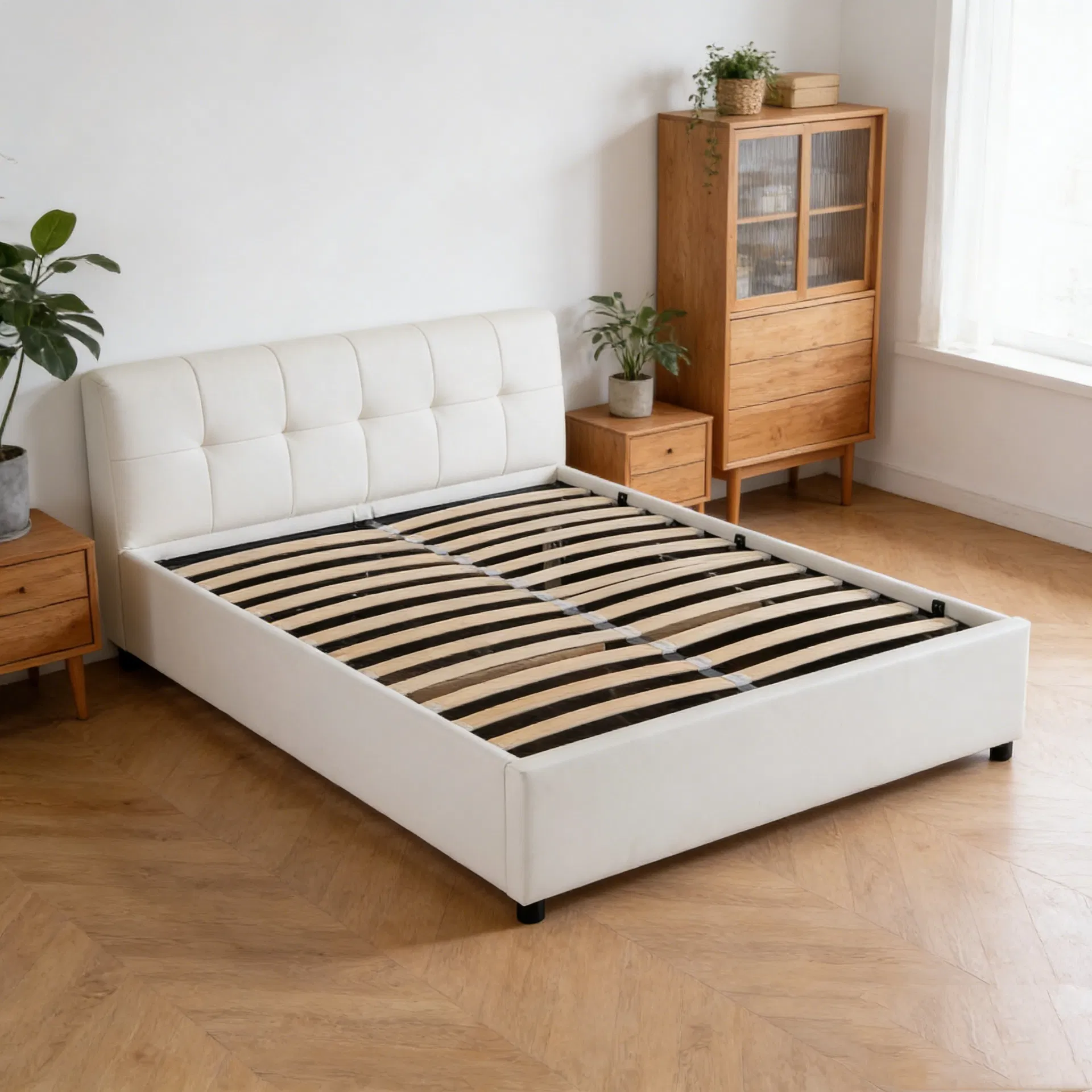 Base de cama de almacenamiento de cuero sintético gris, marco de cama plegable, cama de plataforma de doble elevación con cabecero acolchado en cuadrícula y listones resistentes