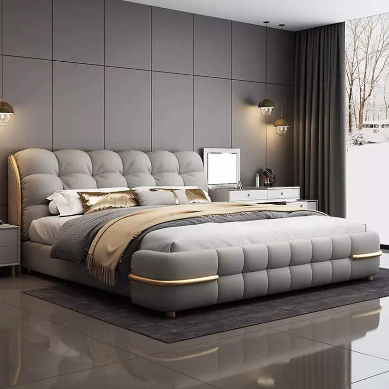 Cama doble king de madera maciza de estilo italiano moderno con cuero, camas de lujo de alta gama