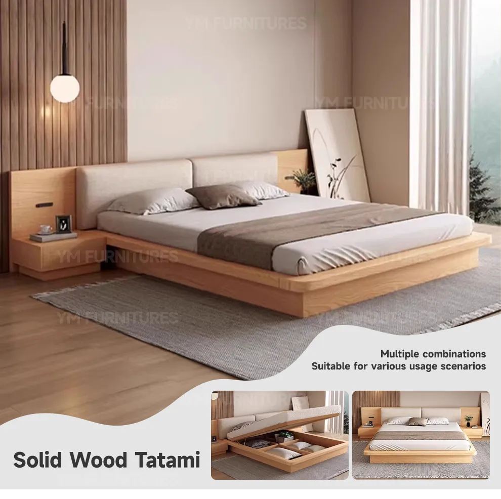 Mueble moderno para dormitorio en casa, cama doble con marco de madera minimalista y colchón suave