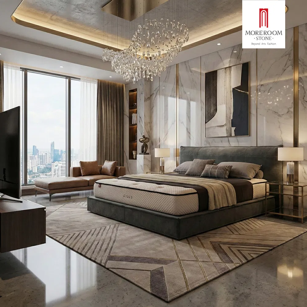 Suite de lujo para dormitorio principal de casa de campo con cama California King y conjunto de muebles para área de estar
