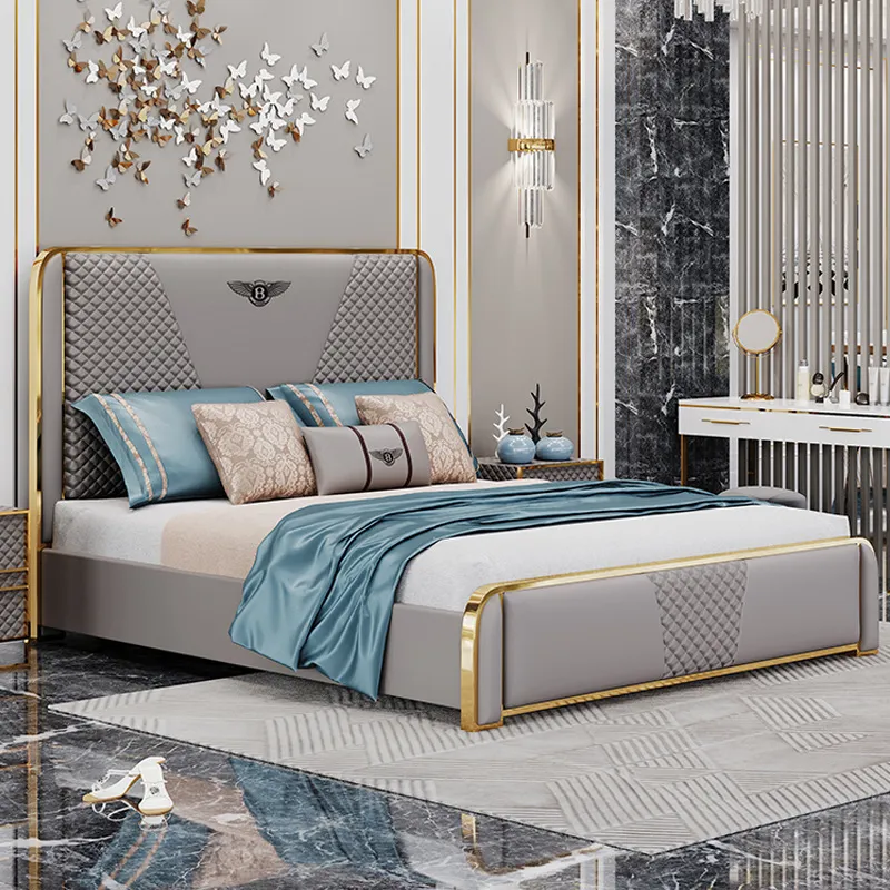 Muebles de dormitorio de lujo cama italiana moderna tapizada en cuero con almacenamiento cama king size de cuero blanco