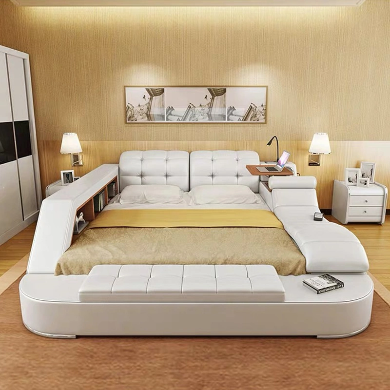 Muebles de dormitorio de lujo multifuncionales al por mayor de China, cama moderna inteligente tamaño king con almacenamiento, cama queen de cuero con masaje