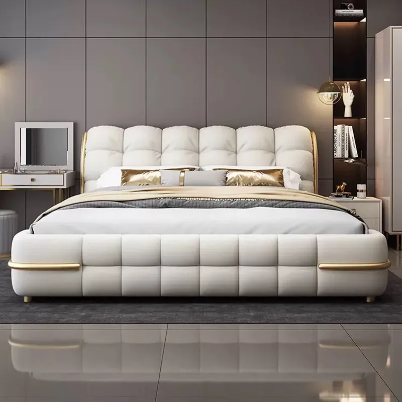Cama doble king de madera maciza de estilo italiano moderno con cuero, camas de lujo de alta gama
