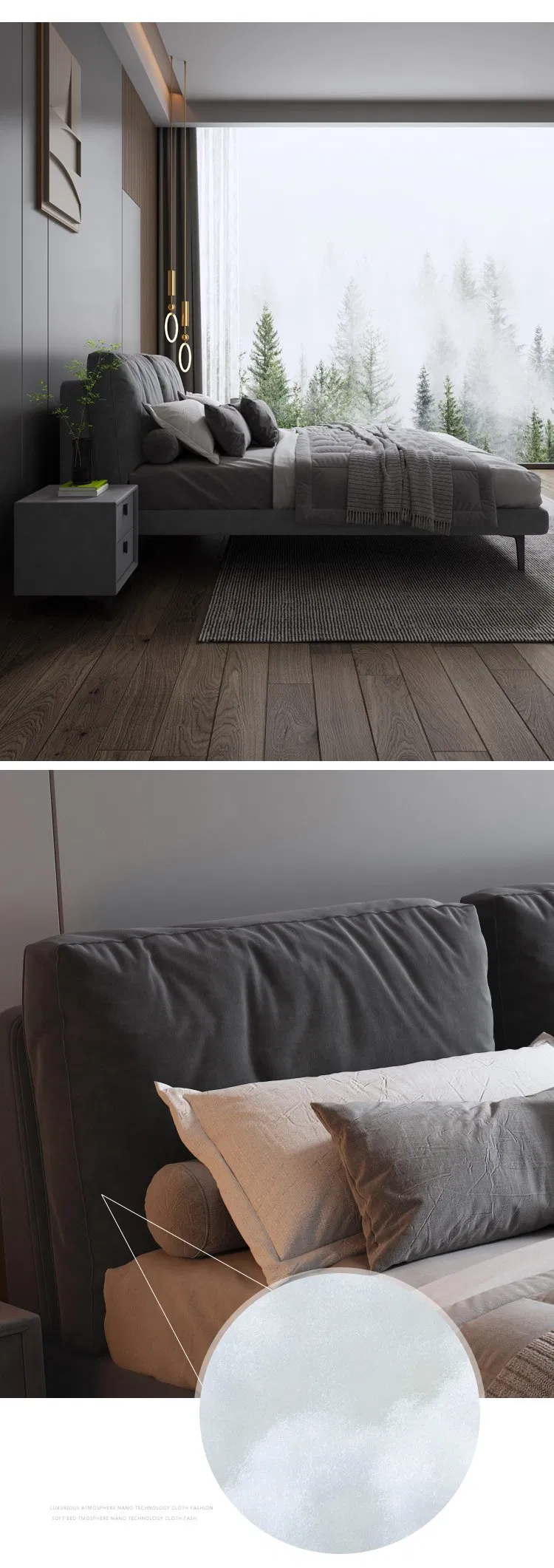 Cama doble moderna simple, dormitorio principal, cama grande, lujo ligero francés italiano 1.8-Meter apartamento pequeño, cama de boda de madera maciza y tela