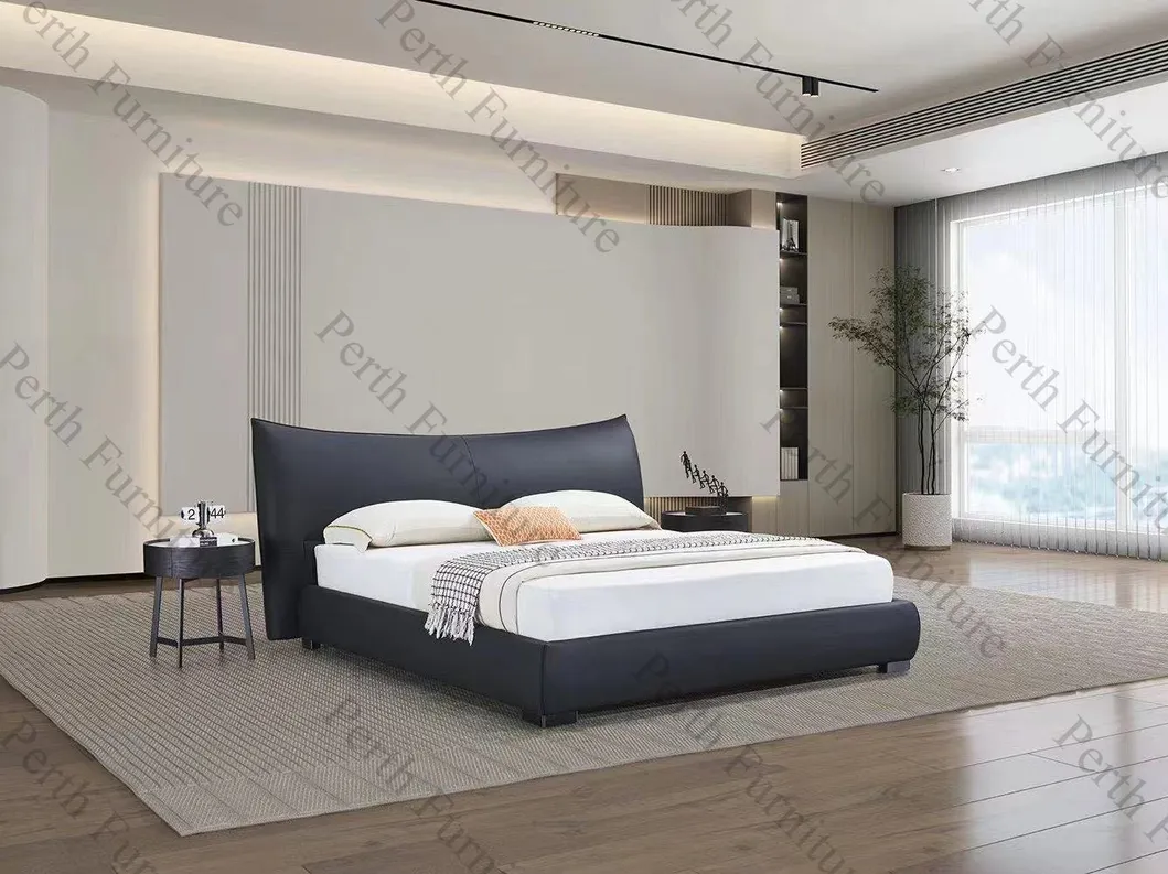 Cama contemporánea suave con patas de metal, marco de madera maciza, cuero genuino y tela para muebles del hogar, dormitorio de moda Mxt-888 cama