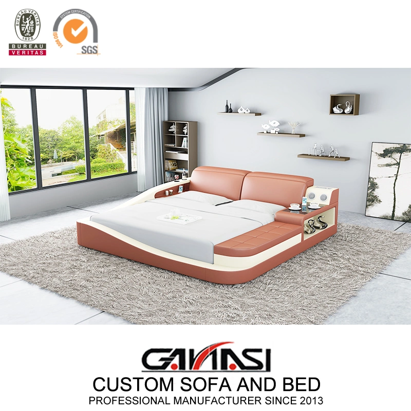 Conjunto de muebles de dormitorio LED inteligente, camas de cuero modernas tamaño king