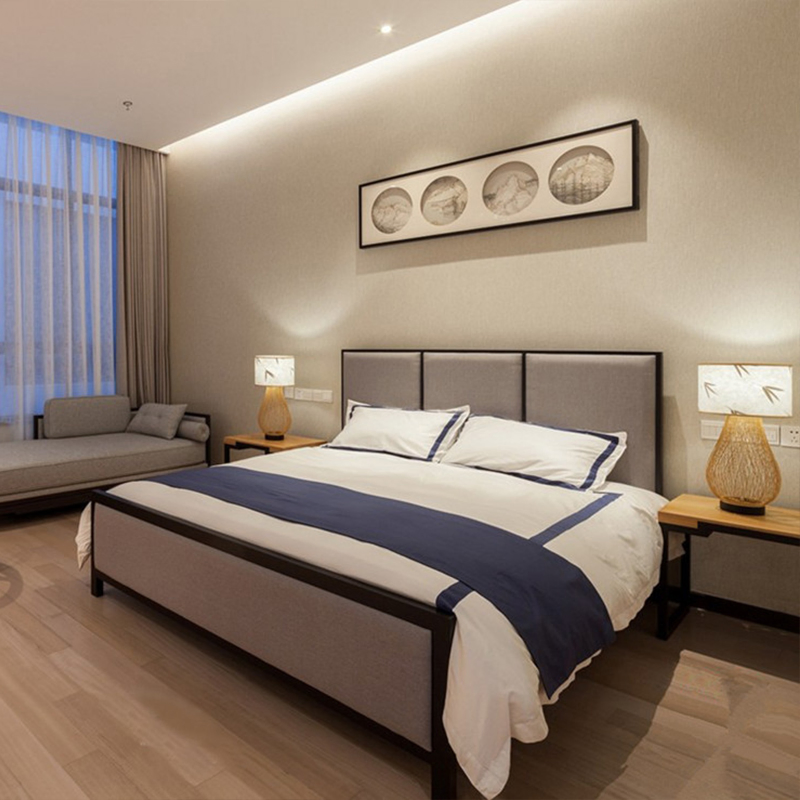 Mueble de hotel de madera tamaño king size, diseño de interiores, cama doble de madera y cuero