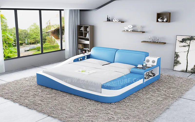 Conjunto de muebles de dormitorio LED inteligente, camas de cuero modernas tamaño king