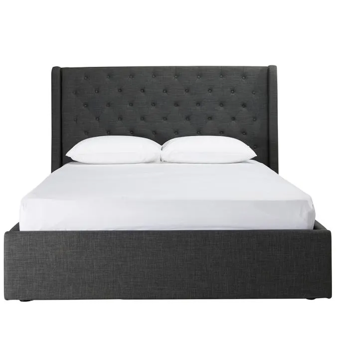 Estructura de cama plataforma tapizada con elevación de gas y cabecera con botones y almacenamiento