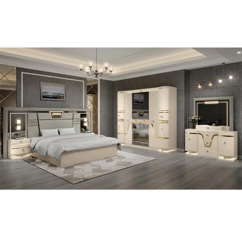Conjunto completo de muebles de dormitorio de lujo con cama king de cuero doble, armario y tocador de diseño moderno al por mayor