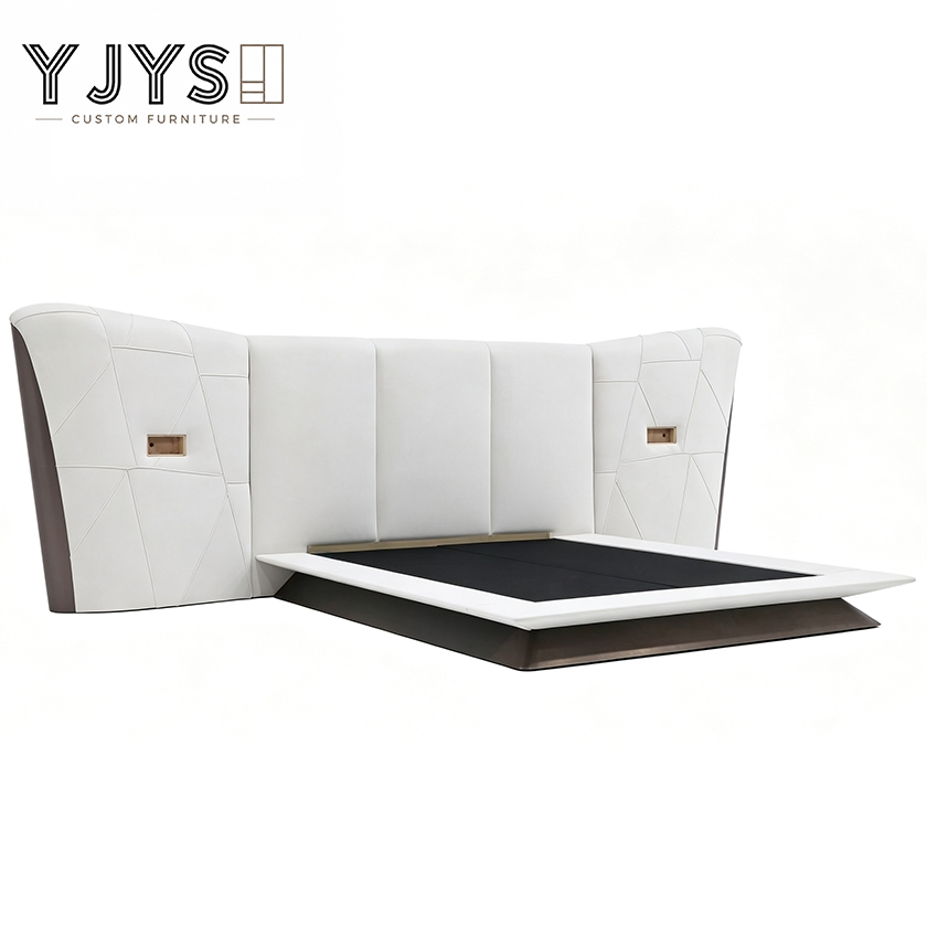 Cama de plataforma de cuero acolchado en forma de ala con mesitas de noche integradas, muebles de lujo para interiores