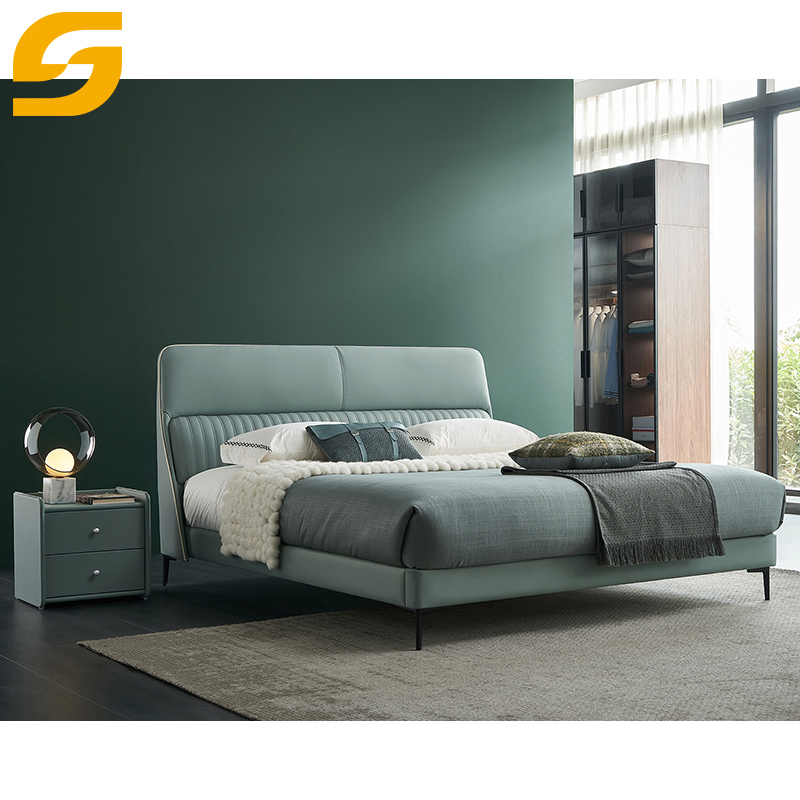 Casa moderna Cuero Cama Muebles conjunto Marco de madera King Size Dormitorio cama