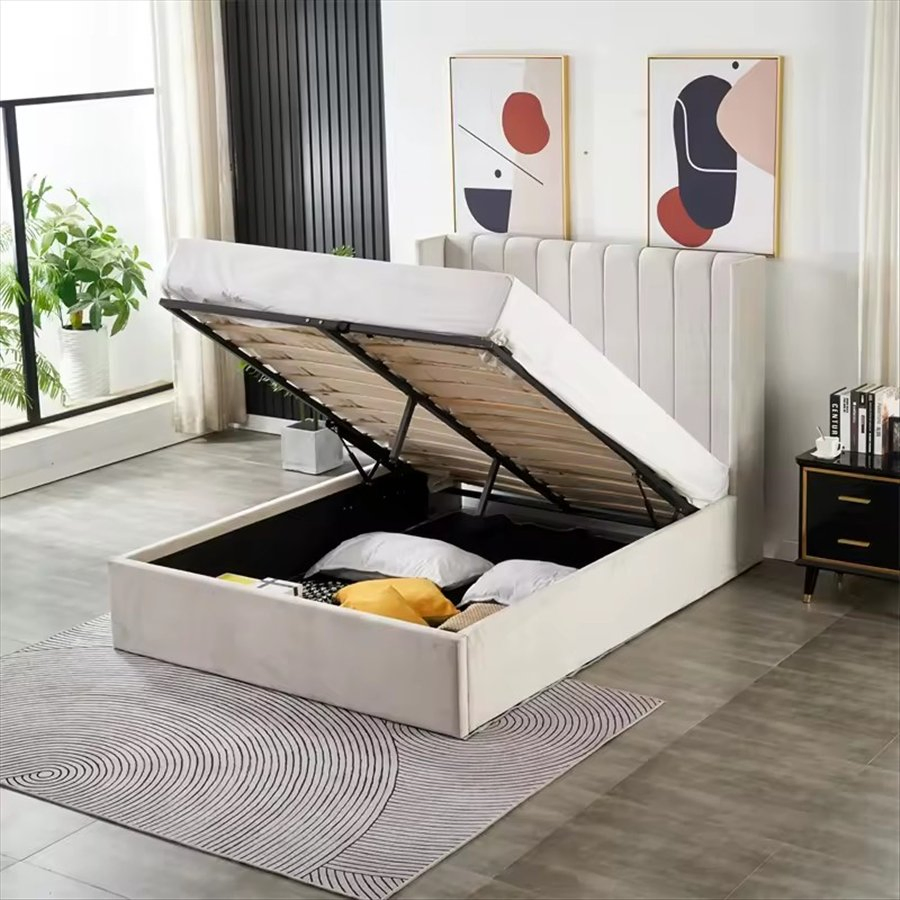 Cama plataforma de cuero sintético color carbón con almacenamiento integrado y diseño versátil