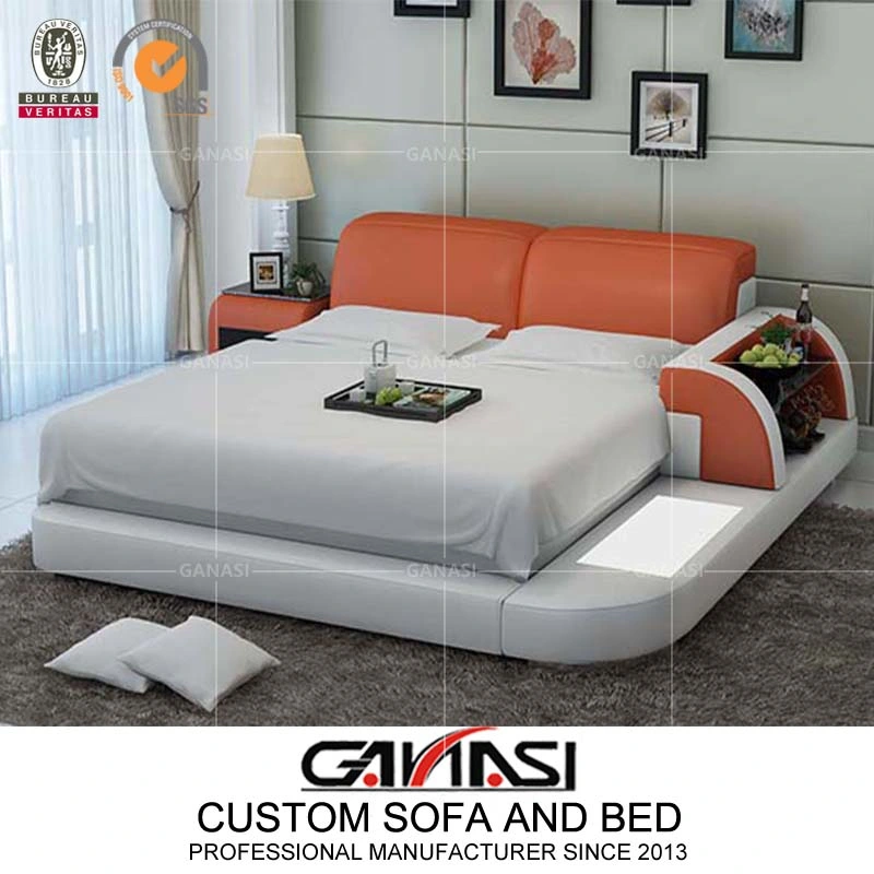 Mueble de dormitorio italiano, marco de cama de reina de cuero genuino con mesas de noche