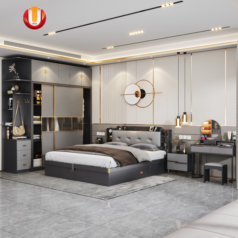 Cama moderna de madera con colchón, murphy, cápsula, cuero sintético, dormitorio, tamaño doble, reina, individual, rey