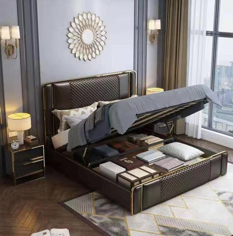 Muebles de dormitorio de lujo cama italiana moderna tapizada en cuero con almacenamiento cama king size de cuero blanco