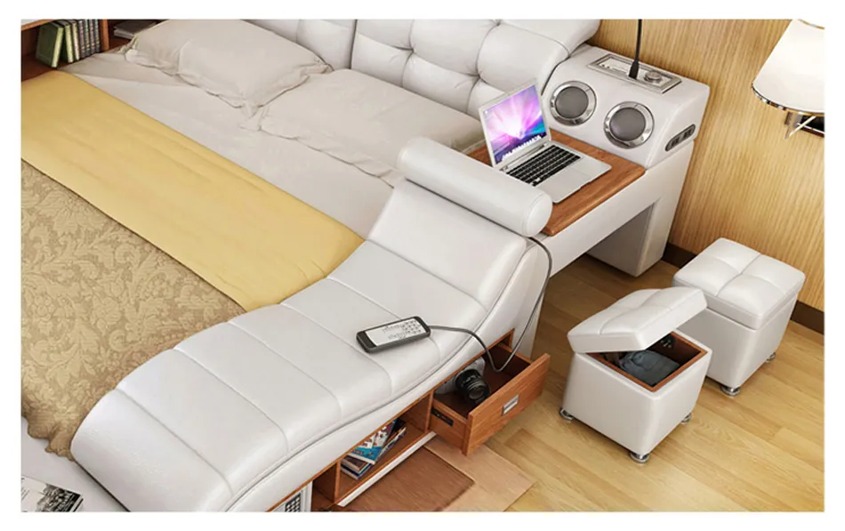 Muebles de dormitorio de lujo multifuncionales al por mayor de China, cama moderna inteligente tamaño king con almacenamiento, cama queen de cuero con masaje