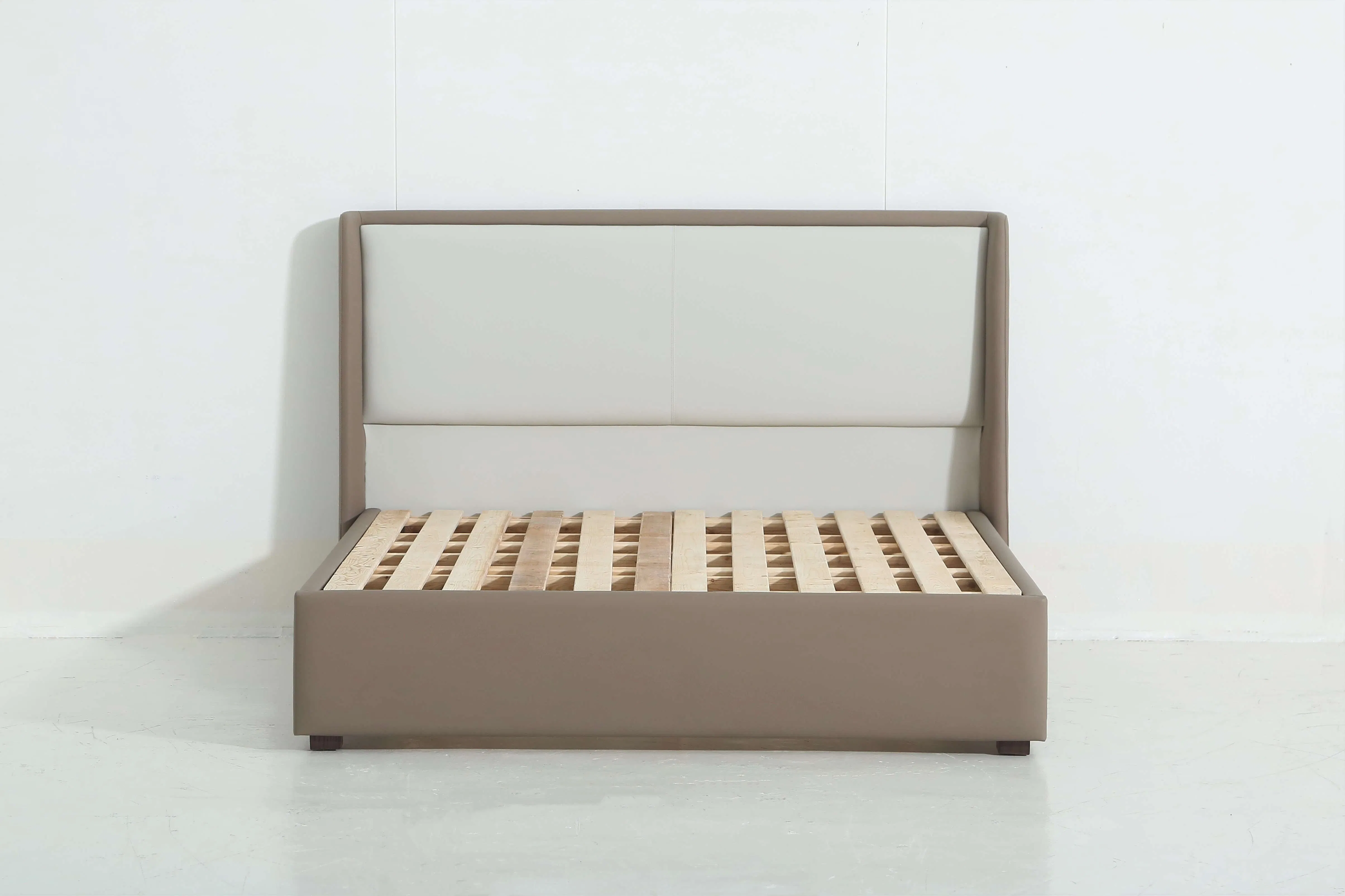 Cama de plataforma individual de lujo moderna nórdica beige con marco de madera y cuero para dormitorio de niños y niñas
