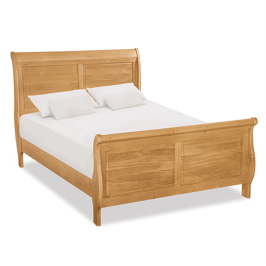 Cama de dormitorio de trineo de madera de roble maciza nórdica para adultos, hecha en China, rústica y vintage, con cabecero de tamaño doble, queen y king