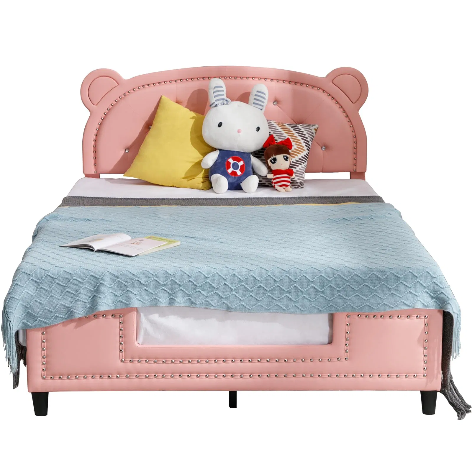 Estructuras de cama gemelas para niños, estructura de cama tapizada en cuero sintético con cabecera de orejas de oso