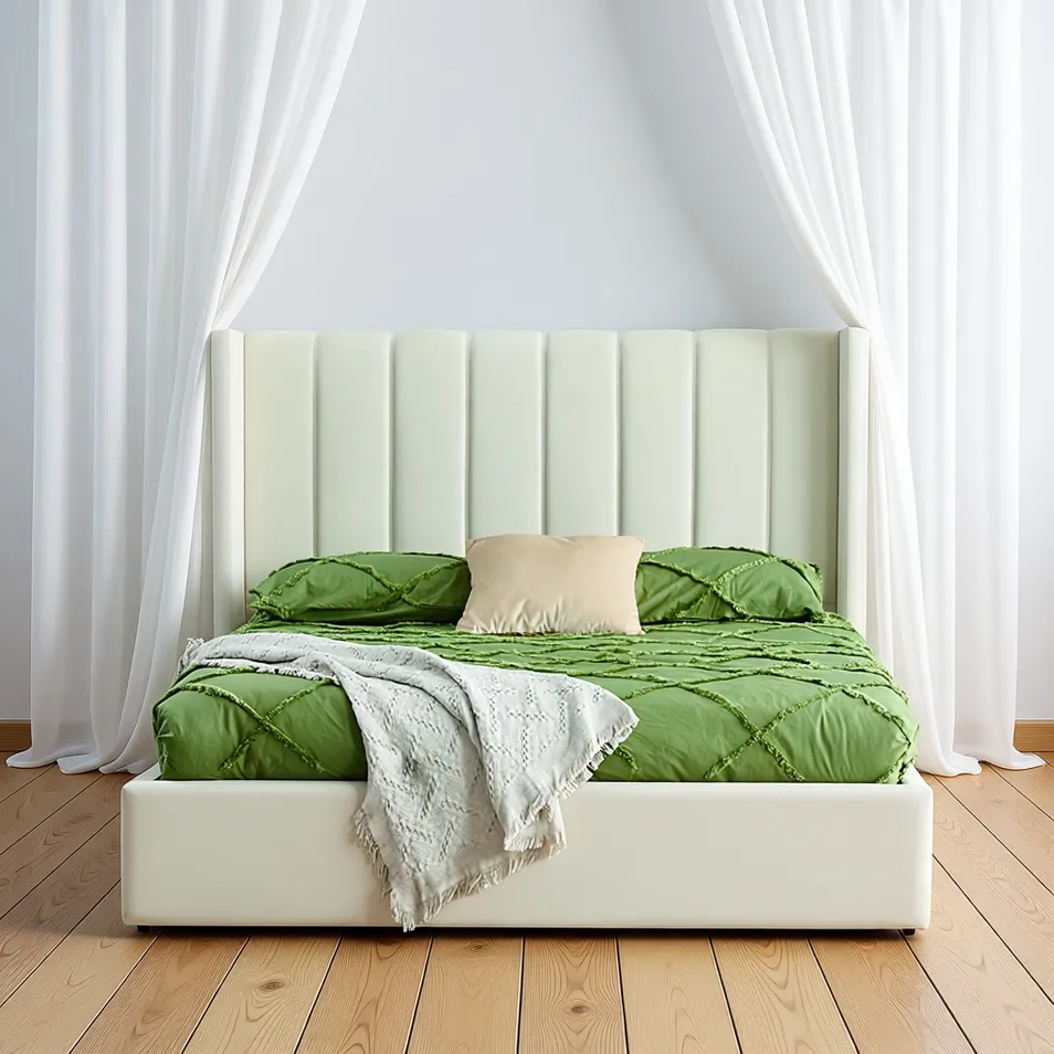 Estructura de Cama de Cuero Sintético Tapizada con Almacenamiento