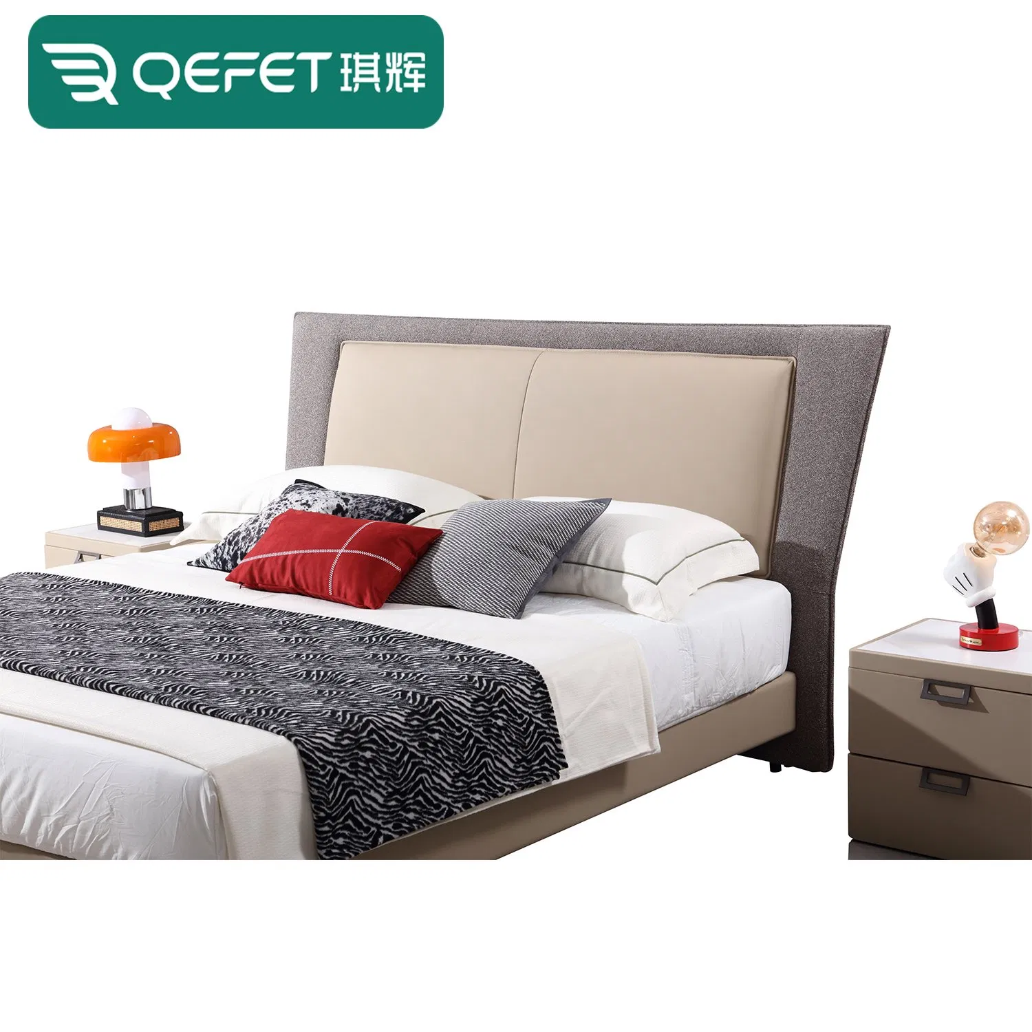 Conjunto de cama doble de lujo moderna para dormitorio, tamaño queen, marco de madera maciza, pies de metal, tela de lino de cuero gris, combinación modular de cama king
