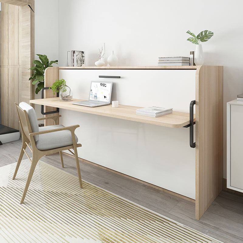 Conjunto de cama Murphy de metal moderno ajustable que se pliega hacia abajo con estilo de panel de madera para dormitorio, estudio o habitación de invitados