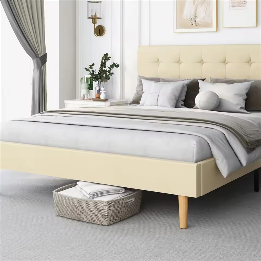 Estructura de cama tapizada y elegante para decoración de dormitorio moderno