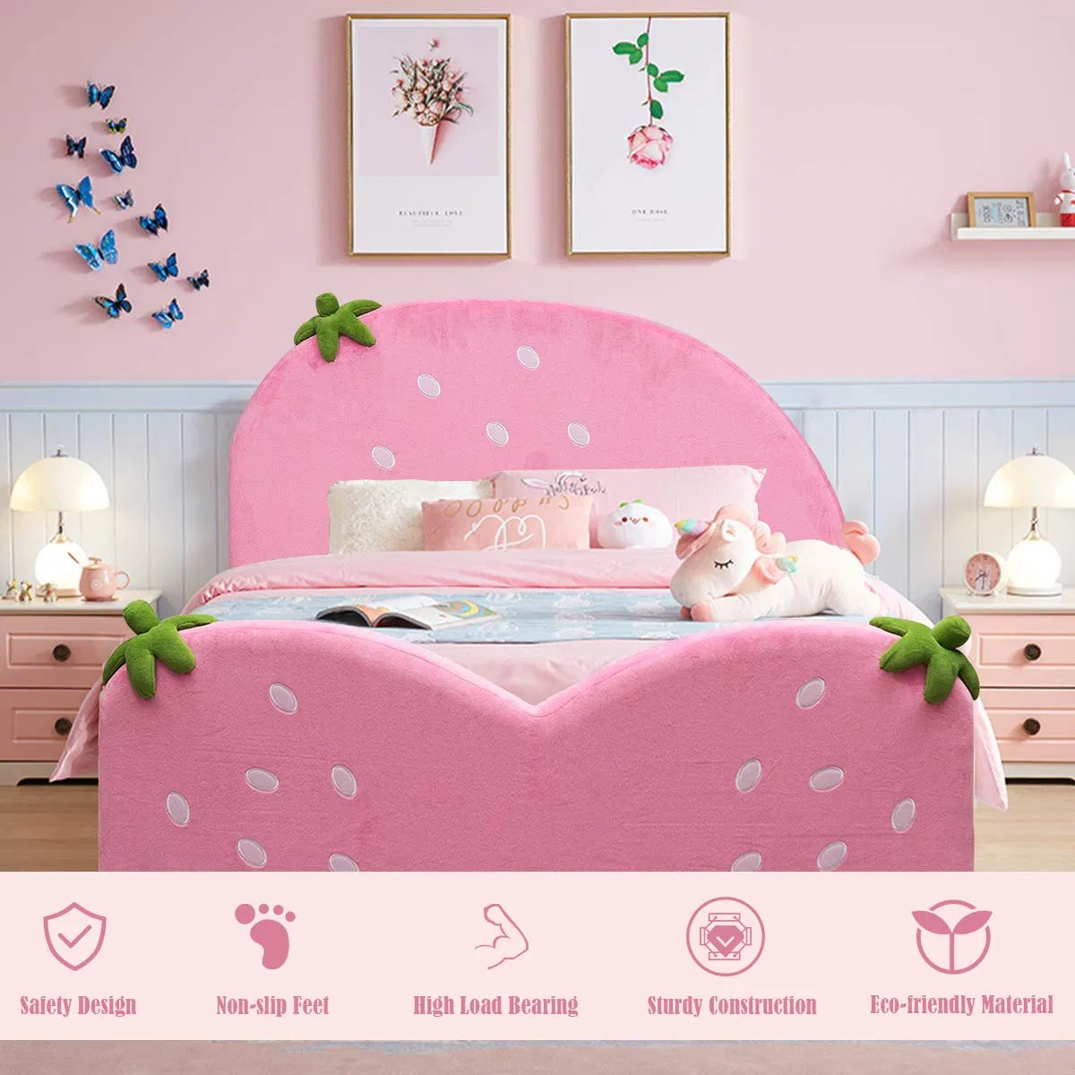 Camas gemelas de princesa para niños, cama de plataforma de metal tapizada con soporte de listones