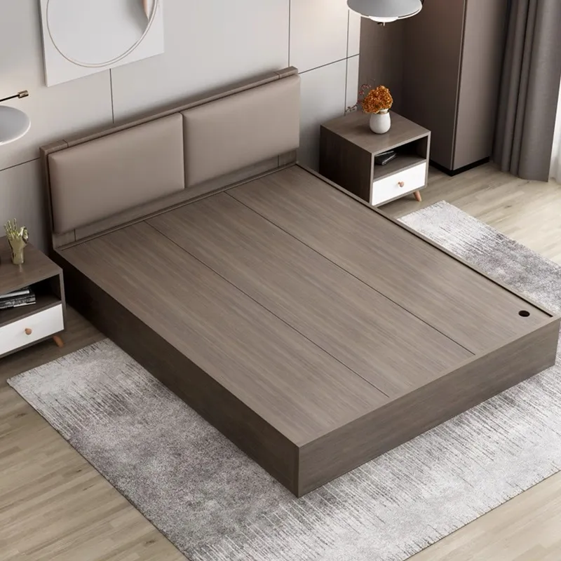 Muebles de dormitorio modernos con tapizado de cuero, cama de tamaño doble, queen y king con marco de madera