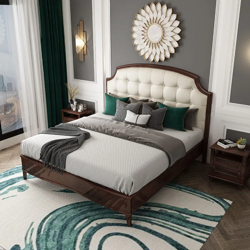 Cama de tamaño rey o reina de madera marrón vintage cómoda con cuero puro azul para adultos