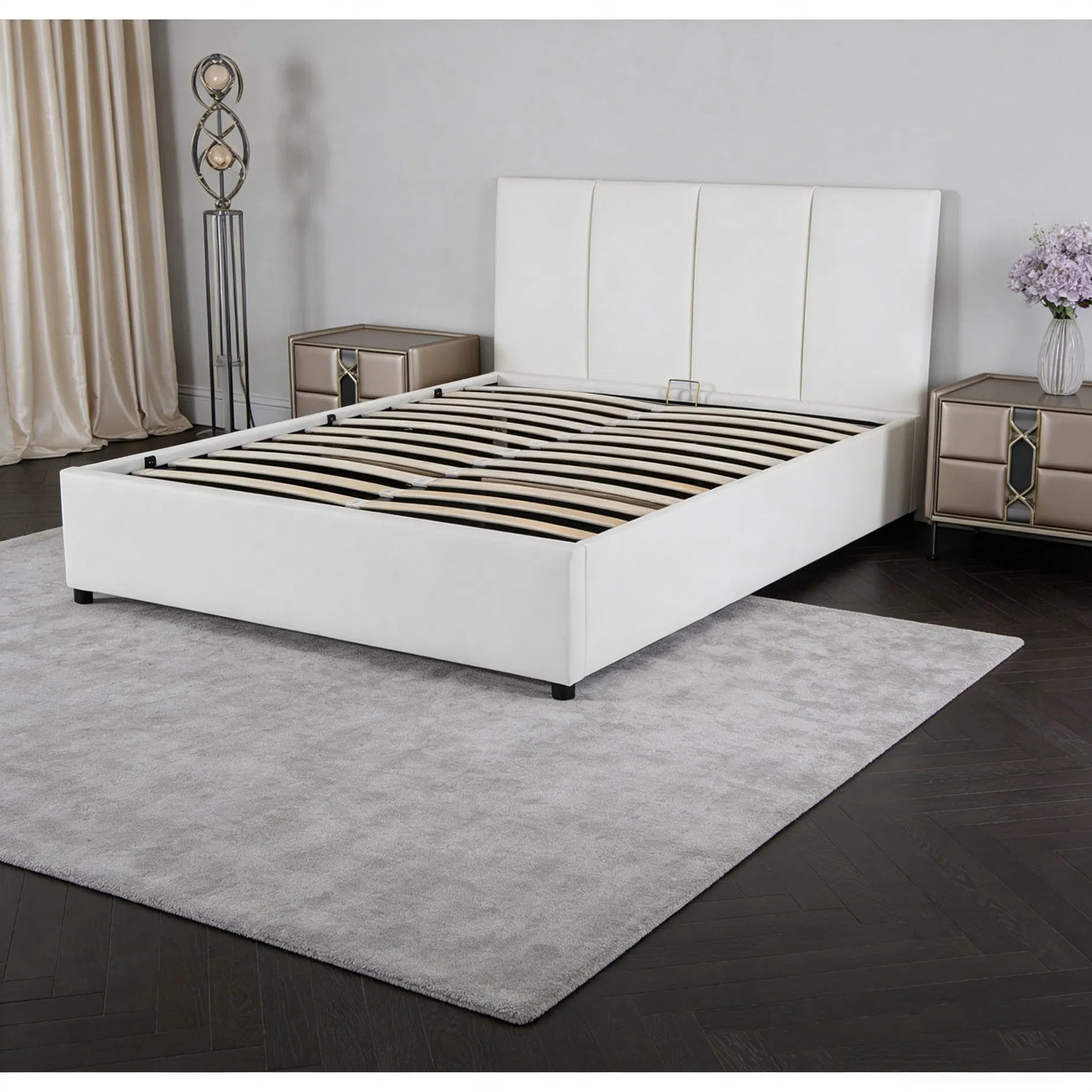 Cama de almacenamiento elevable de buena calidad con superficie tapizada de lujo para dormitorio