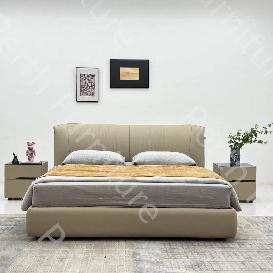Cama moderna acogedora con patas de metal, tela de PU y tela de microfibra de PU para muebles de hotel y hogar con Wooden-Mxt-902