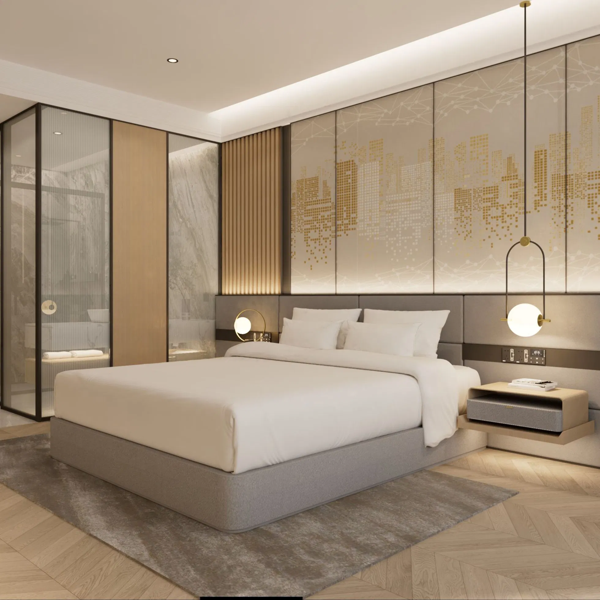 Conjunto de muebles de dormitorio de hotel de lujo moderno cama tamaño queen king de madera para hoteles