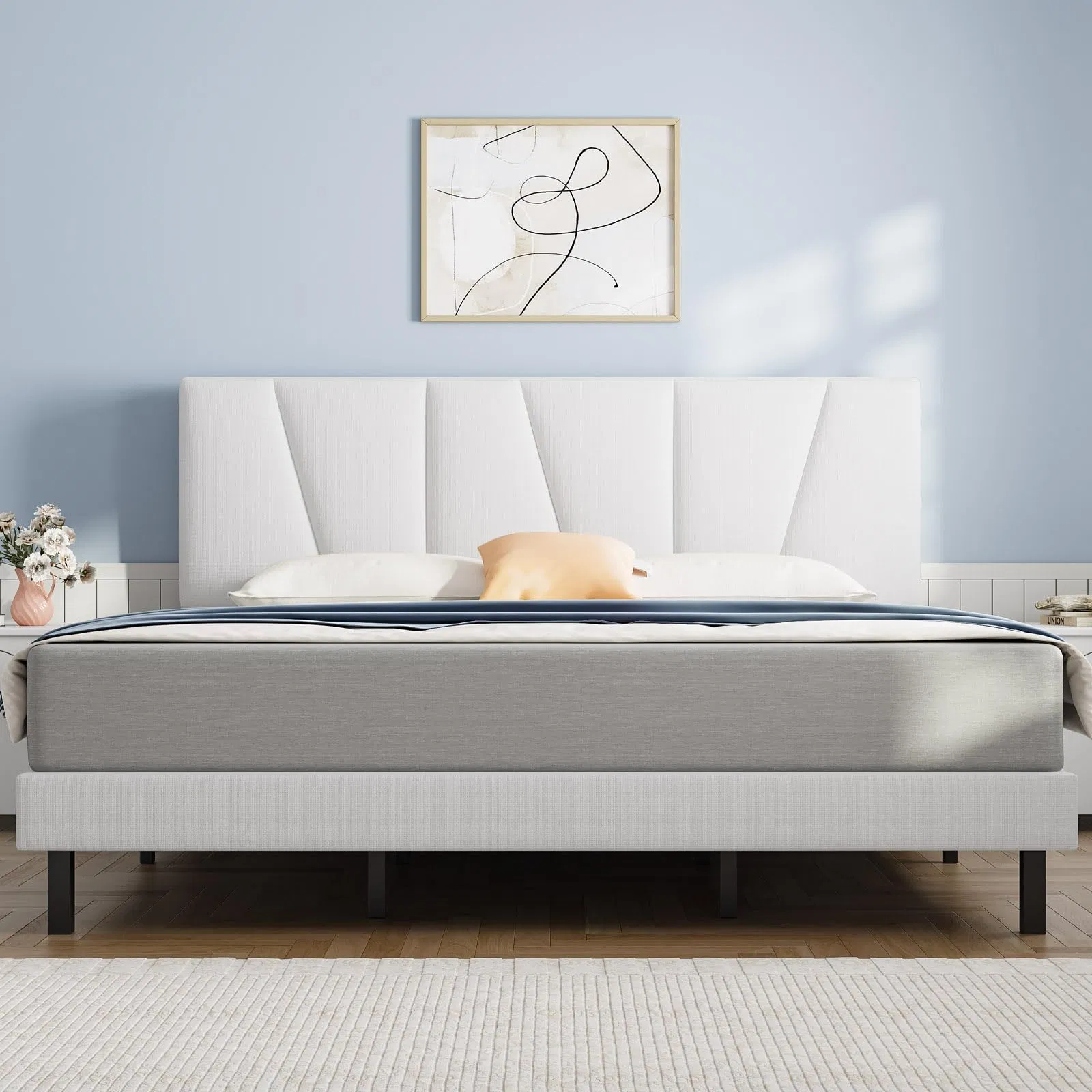 Cama matrimonial con marco tapizado de franela, cabecero y tira de madera resistente, gran capacidad de peso, fácil de ensamblar, blanca