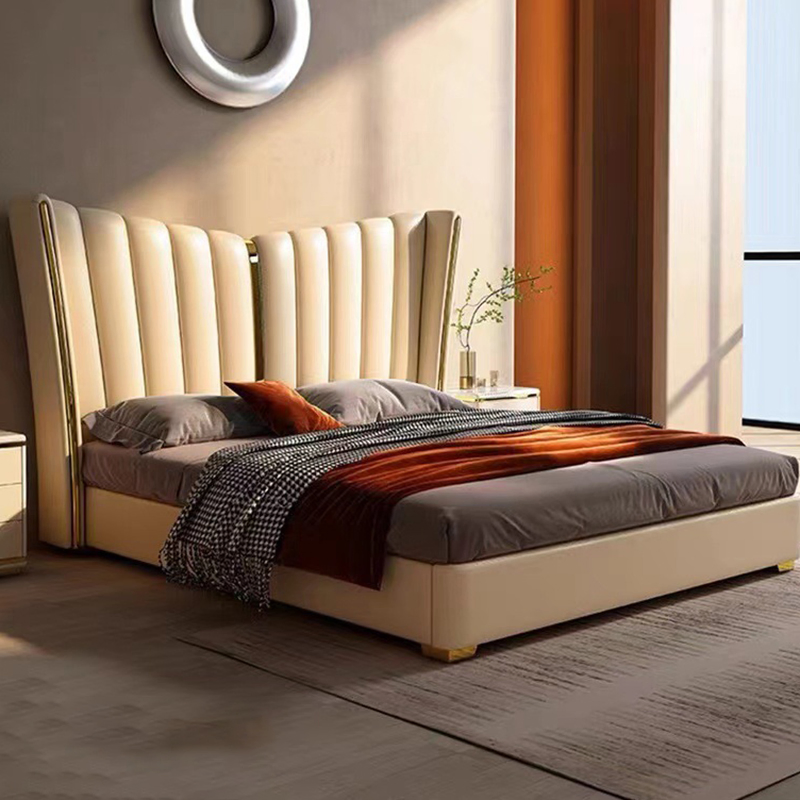 Cama doble tapizada de lujo ligero italiana, juego de muebles para el hogar, dormitorio moderno, marco de madera, cama de cuero tamaño king