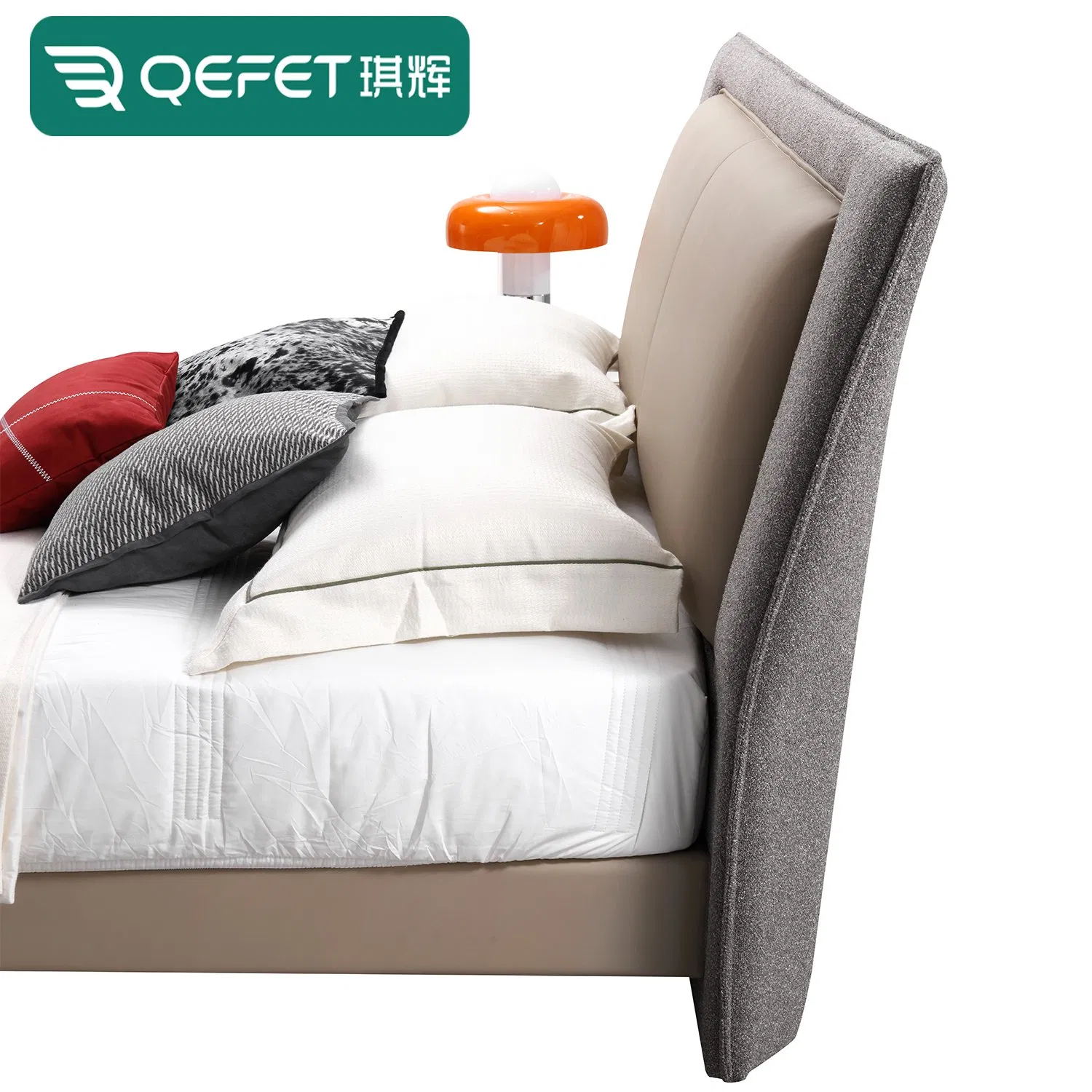 Conjunto de cama doble de lujo moderna para dormitorio, tamaño queen, marco de madera maciza, pies de metal, tela de lino de cuero gris, combinación modular de cama king