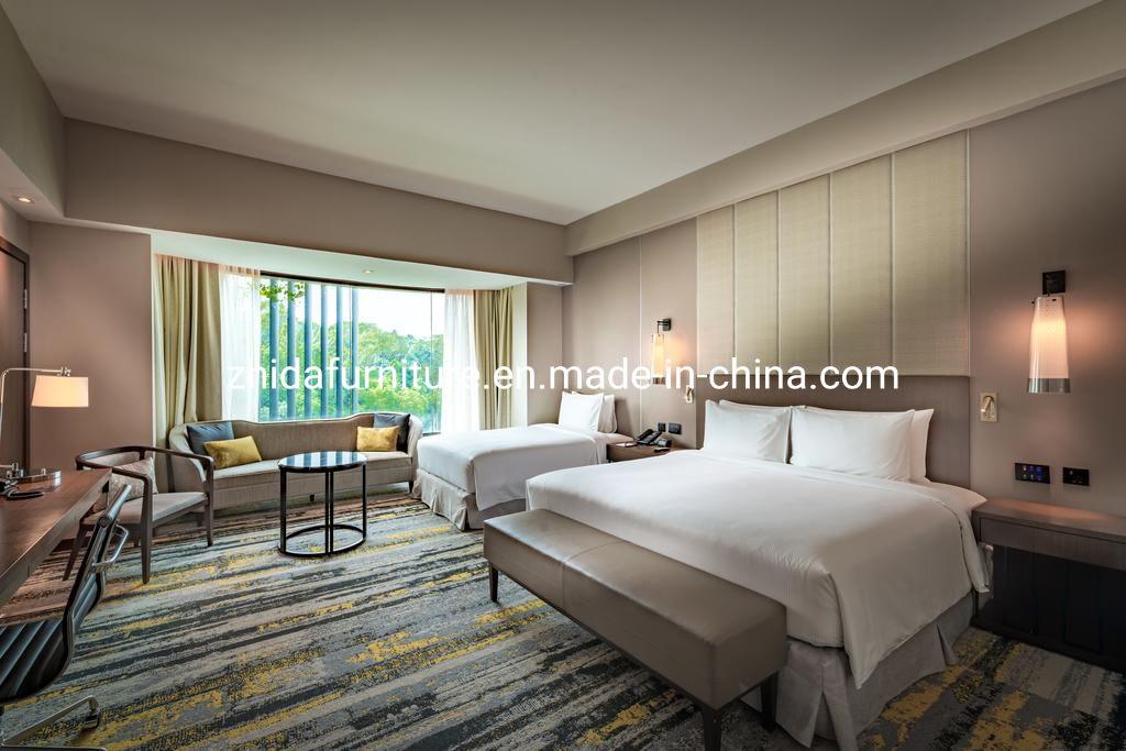 Muebles de hotel comercial personalizados de alta calidad, diseño de cama doble, juego de dormitorio, cama de cuero tamaño king con cabecera de madera