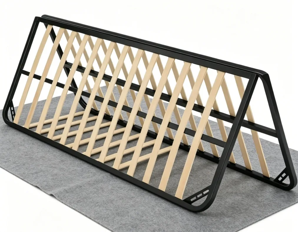 Estructura de cama tapizada comercial de alta resistencia con soporte de listones de madera cálida, estructura de cama con listones en posición dual y marco de metal negro